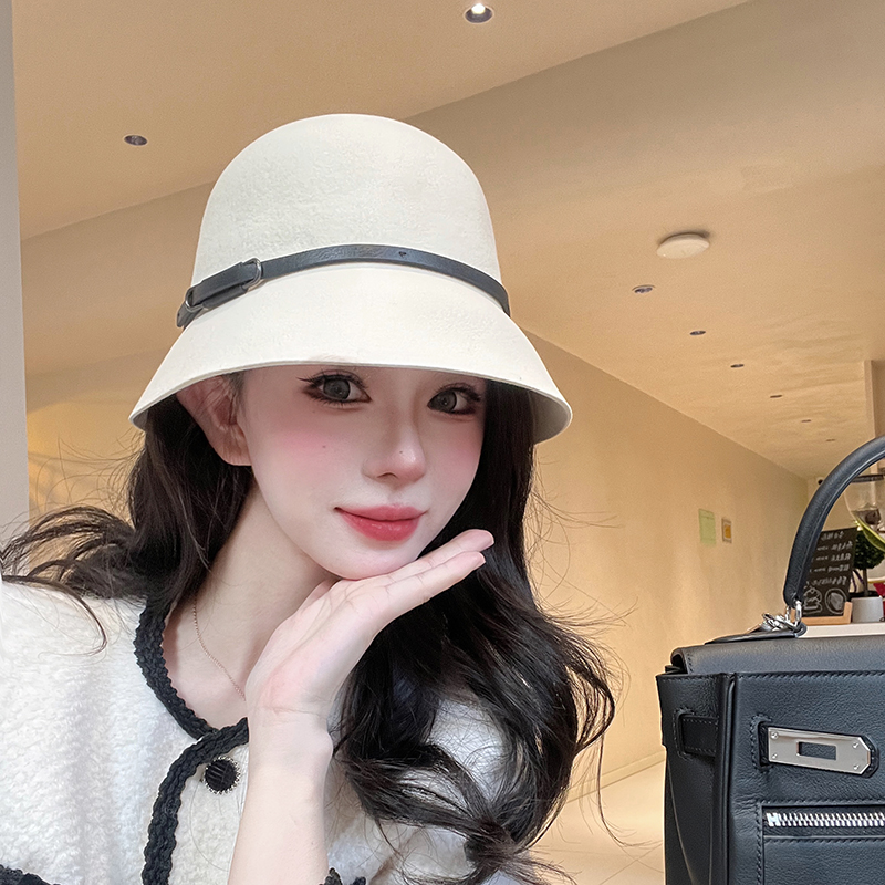 秋冬羊毛帽子女显脸小毛呢渔夫帽皮带扣盆帽法式英伦小礼帽毡帽