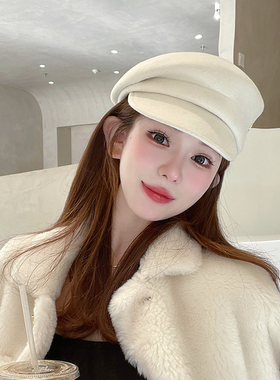 秋冬羊毛八角帽贝雷帽女显脸小毛呢鸭舌百搭马术帽小香风报童帽潮