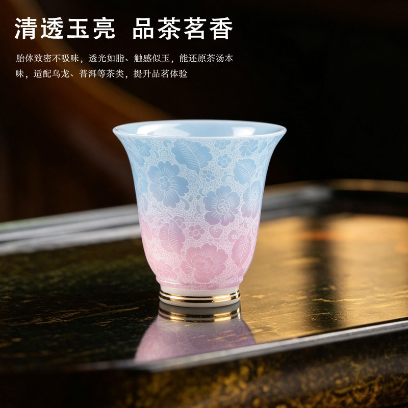 景德镇手工描金繁花主人杯玉瓷扒花高颜值品茗杯茶杯压手杯茶具