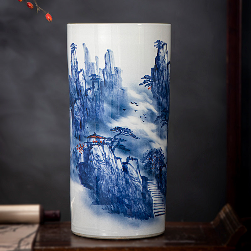 景德镇陶瓷手绘山水箭筒书画字画筒缸卷轴画筒伞筒落地大花瓶