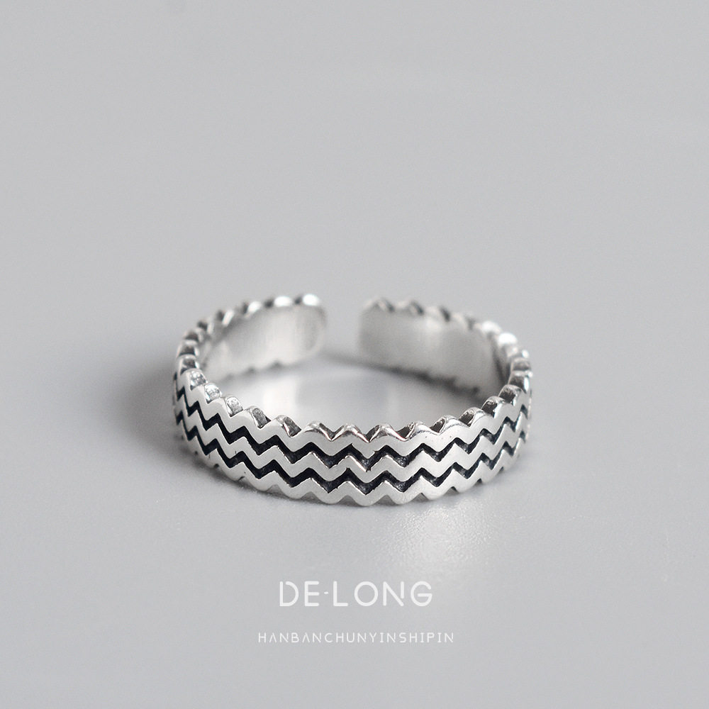 个性复古波浪纹指环s925纯银戒指韩国东大门潮流女款银戒网红饰品