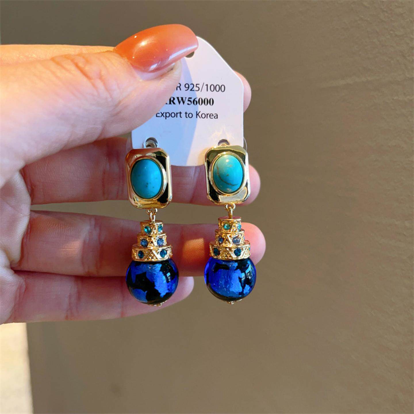 银针欧美复古绿松石耳钉个性长款小众高级感琉璃水滴小灯泡耳环