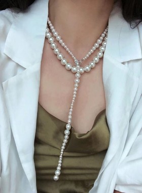 高级感法式施家强光正圆珍珠长款毛衣链简约新款复古多层叠戴项链