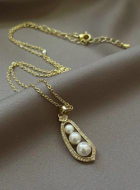 好事花生新款豆子仿珍珠项链轻奢小众电镀14K锁骨链女高级感颈链