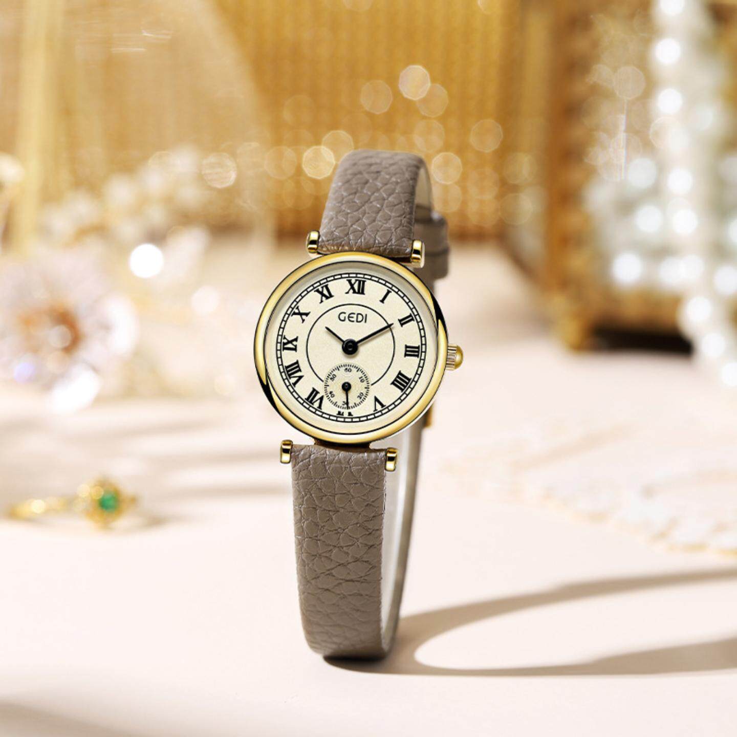 歌迪简约复古学生表高级感小秒针石英表女士小众荔枝纹皮带手表