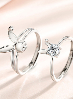 S925纯银情侣纯银兔子戒指女小众简约设计对戒开口礼物送女友