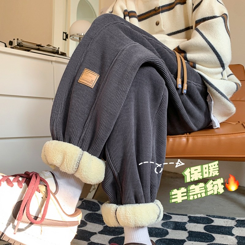 加绒加厚羊羔绒保暖卫裤女冬季宽松束脚大码初中学生休闲运动裤子