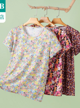 ab内衣纯棉中老年圆领短袖衫宽松舒适全棉印花妈妈汗衫H882