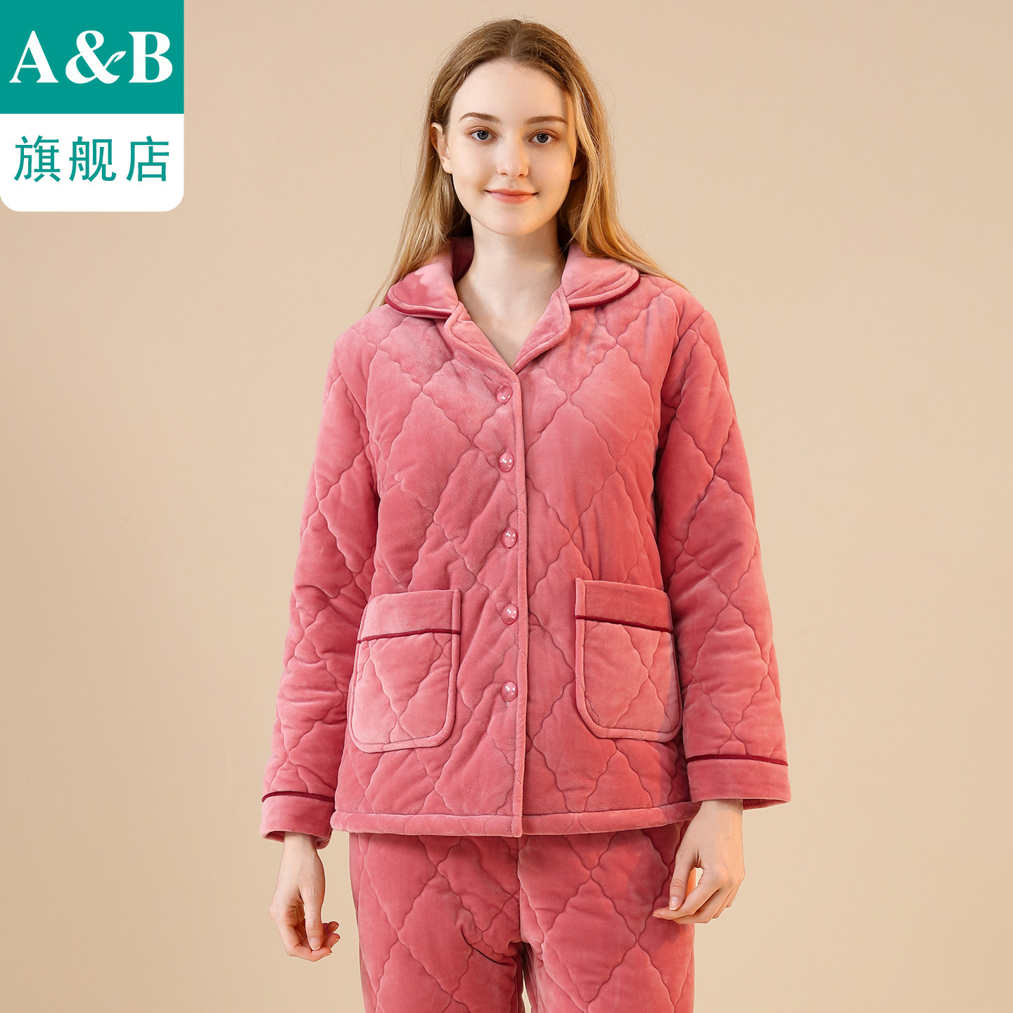 ab内衣法兰绒睡衣女翻领开襟三层加厚夹棉加绒保暖家居服套装J006