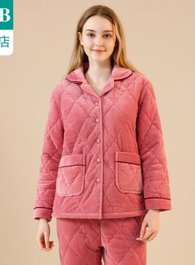 ab内衣法兰绒睡衣女翻领开襟三层加厚夹棉加绒保暖家居服套装J006