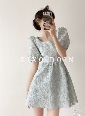 夏季法式RIXODOIN方领泡泡袖裙