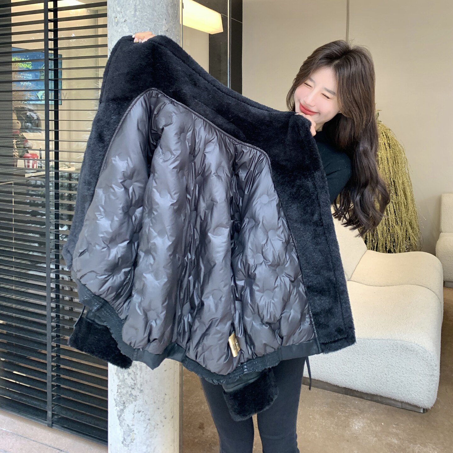 【现货】90白鸭绒羊羔毛皮毛一体羽绒服外套157-3333-P285K428,女装羽绒服,浙宝157（原165A）