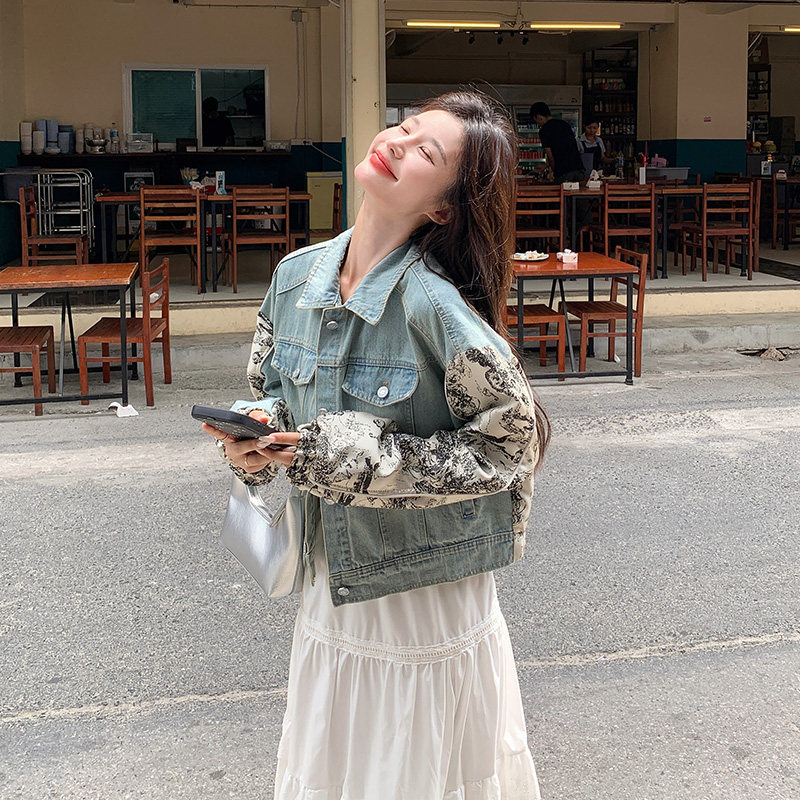 高级感拼接牛仔外套女2025春秋新款洋气炸街休闲小个子国风夹克潮,女装短外套,浙宝157（原165A）