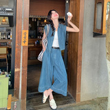 可盐可甜蓝色牛仔套装女夏季2025新款韩版无袖背心阔腿裤两件套，女装套装/套裙，浙宝157（原165A）