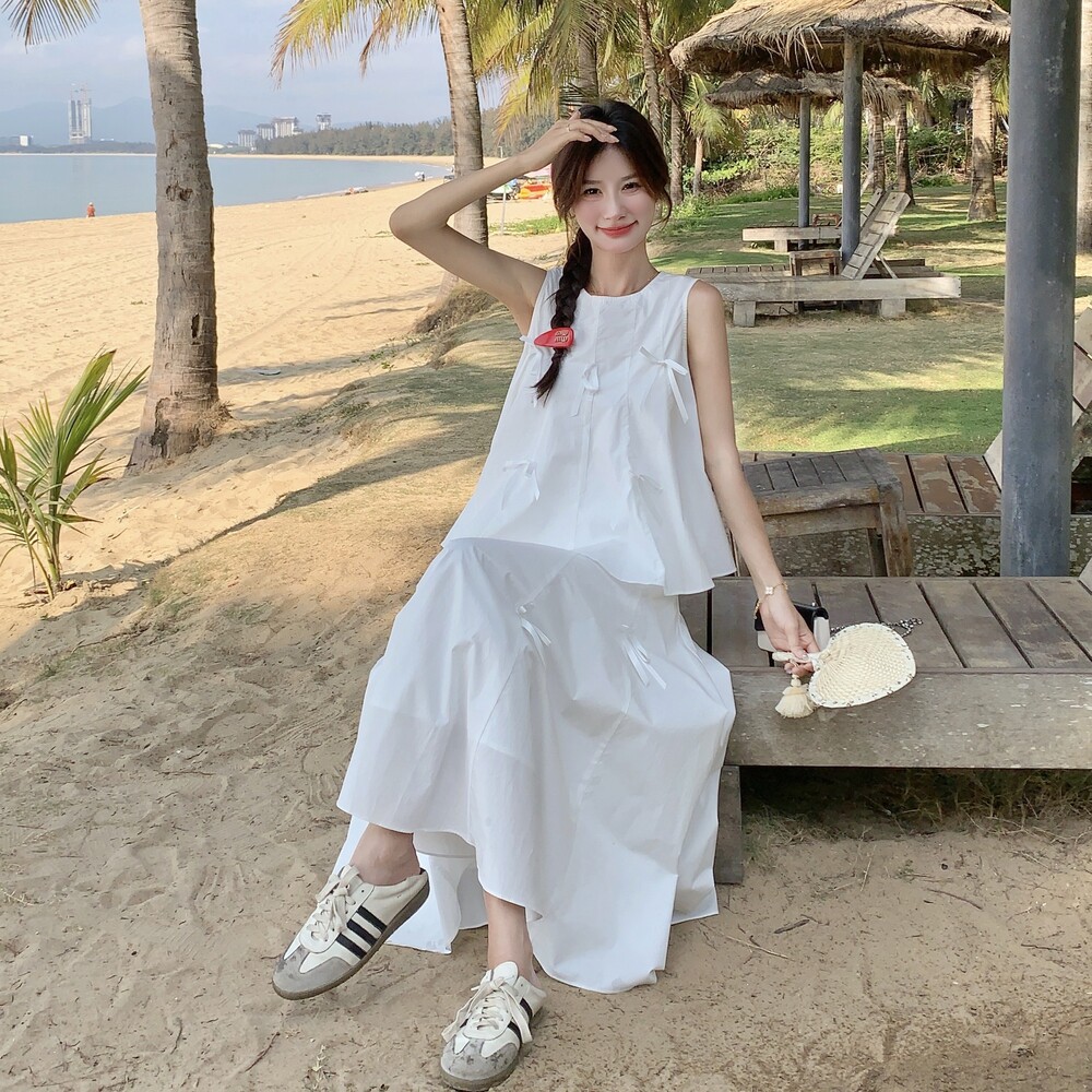 减龄少女风蝴蝶结白色无袖半身裙套装女夏2025新款独特绝美两件套,女装套装/套裙,浙宝157（原165A）