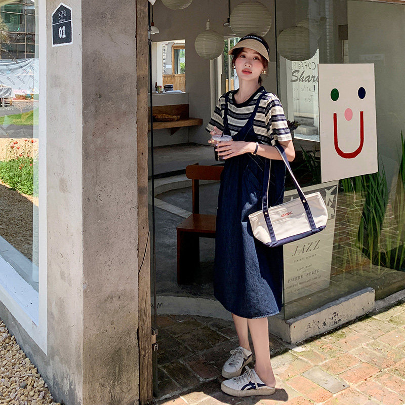 条纹拼接假两件牛仔连衣裙女夏季新款学院风宽松休闲小个子裙子潮,女装连衣裙,浙宝157（原165A）