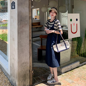 条纹拼接假两件牛仔连衣裙女夏季新款学院风宽松休闲小个子裙子潮图片