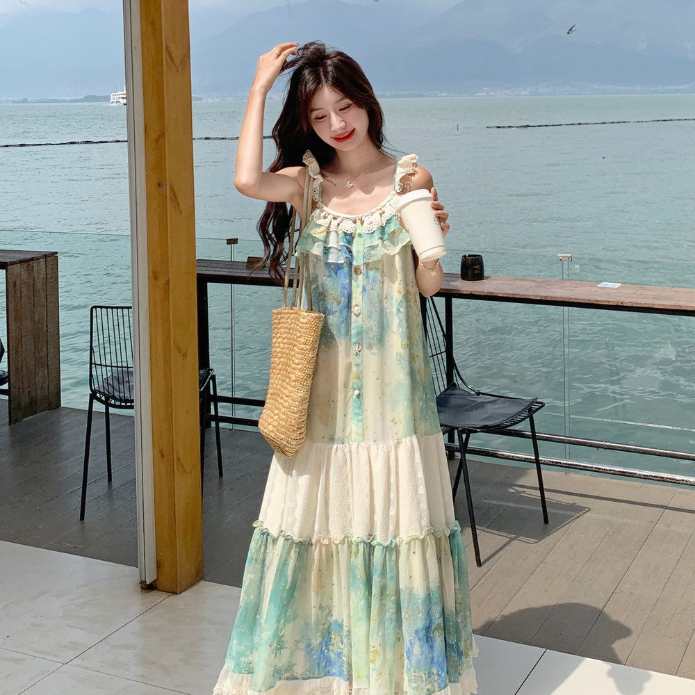 法式复古油画印花吊带连衣裙女2025夏季新款度假风绝美超好看长裙,女装连衣裙,浙宝157（原165A）