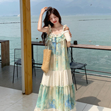 法式复古油画印花吊带连衣裙女2025夏季新款度假风绝美超好看长裙，女装连衣裙，浙宝157（原165A）