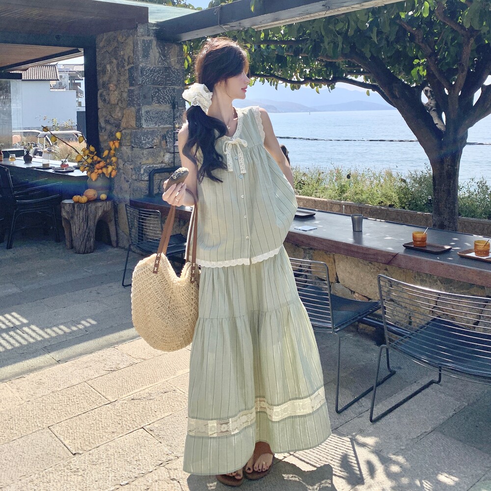 浅绿色条纹蕾丝花边无袖背心半身裙两件套女夏日绝美穿搭时尚套装,女装套装/套裙,浙宝157（原165A）