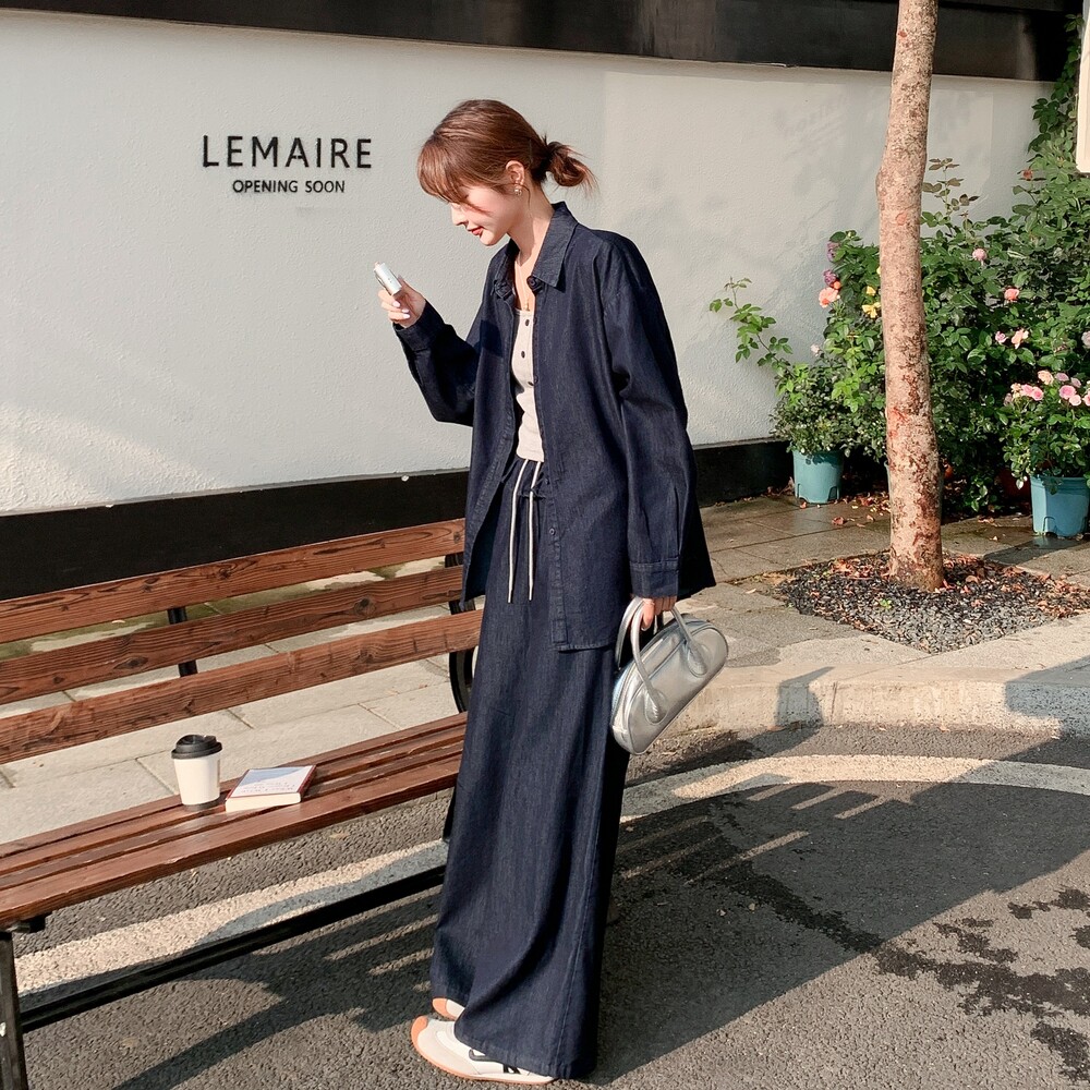 深蓝色复古牛仔衬衫小背心阔腿裤三件套女2025夏季新款轻薄休闲潮，女装套装/套裙，浙宝157（原165A）