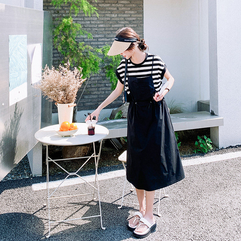 韩版假两件休闲吊带裙女夏季2025新款宽松收腰条纹T恤拼接连衣裙,女装连衣裙,浙宝157（原165A）