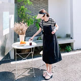 韩版假两件休闲吊带裙女夏季2025新款宽松收腰条纹T恤拼接连衣裙，女装连衣裙，浙宝157（原165A）
