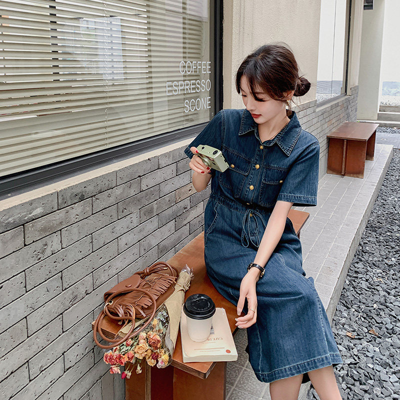 深蓝色复古牛仔连衣裙女2025夏季新款法式轻熟风气质显瘦衬衫长裙,女装连衣裙,浙宝157（原165A）