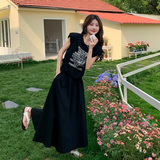 黑色字母印花短袖套装夏女2024新款韩系宽松减龄显瘦半身裙两件套，女装套装/套裙，浙宝157（原165A）