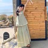 少女风松弛感穿搭绿色无袖条纹套装女夏超火好看背心半身裙两件套，女装套装/套裙，浙宝157（原165A）