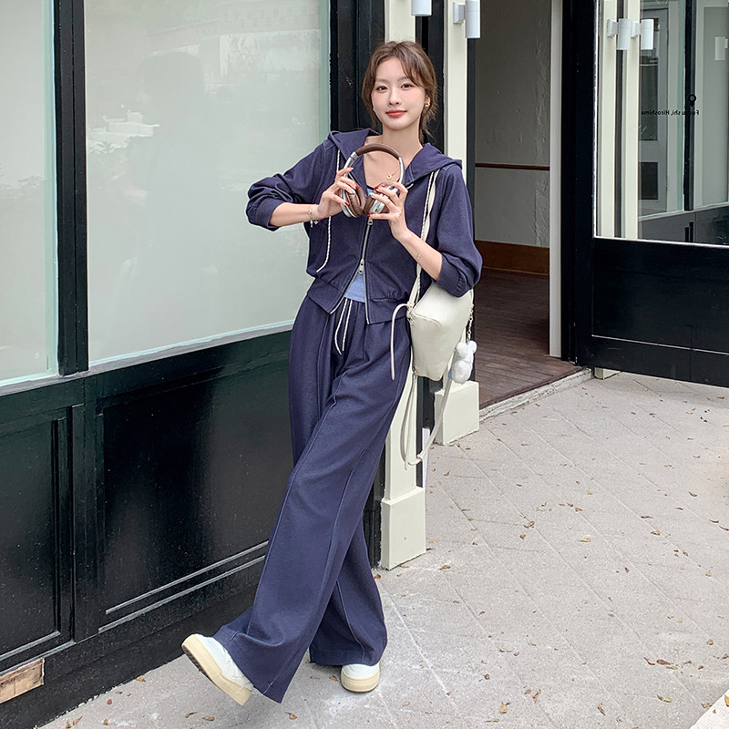 藏青色休闲连帽卫衣套装女2025春季新款超火减龄吊带阔腿裤三件套,女装运动套装,浙宝157（原165A）