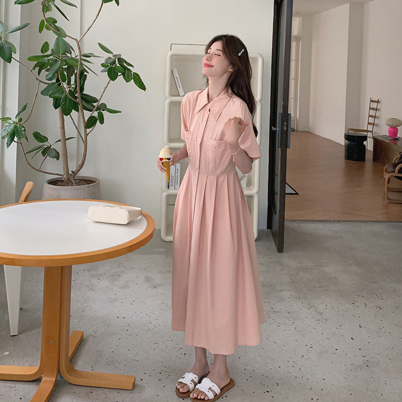 高级感粉色连衣裙女夏2024新款小清新简约韩系衬衫裙中长款爆款图片