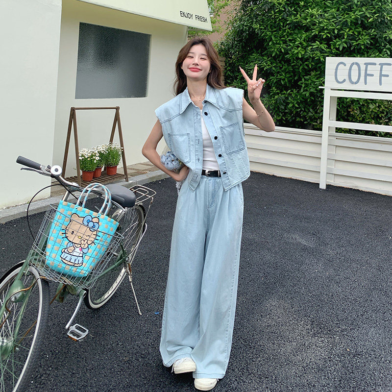 今年流行夏日baggy风穿搭女2025新款复古无袖牛仔上衣长裤两件套,女装套装/套裙,浙宝157（原165A）