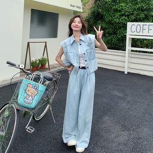 今年流行夏日baggy风穿搭女2025新款复古无袖牛仔上衣长裤两件套图片