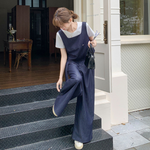 优雅气质阔腿裤套装女2025夏季新款韩系马甲圆领短袖白t恤三件套图片