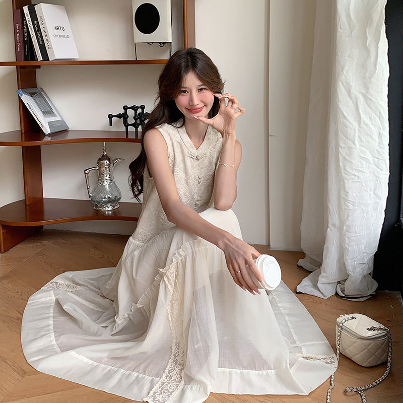 新中式无袖连衣裙新款女夏季盘扣刺绣拼接休闲显瘦国风改良长裙，女装连衣裙，浙宝157（原165A）