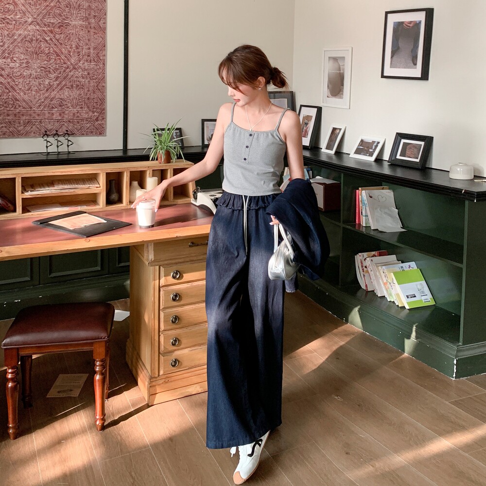 深蓝色复古牛仔衬衫小背心阔腿裤三件套女2025夏季新款轻薄休闲潮,女装套装/套裙,浙宝157（原165A）