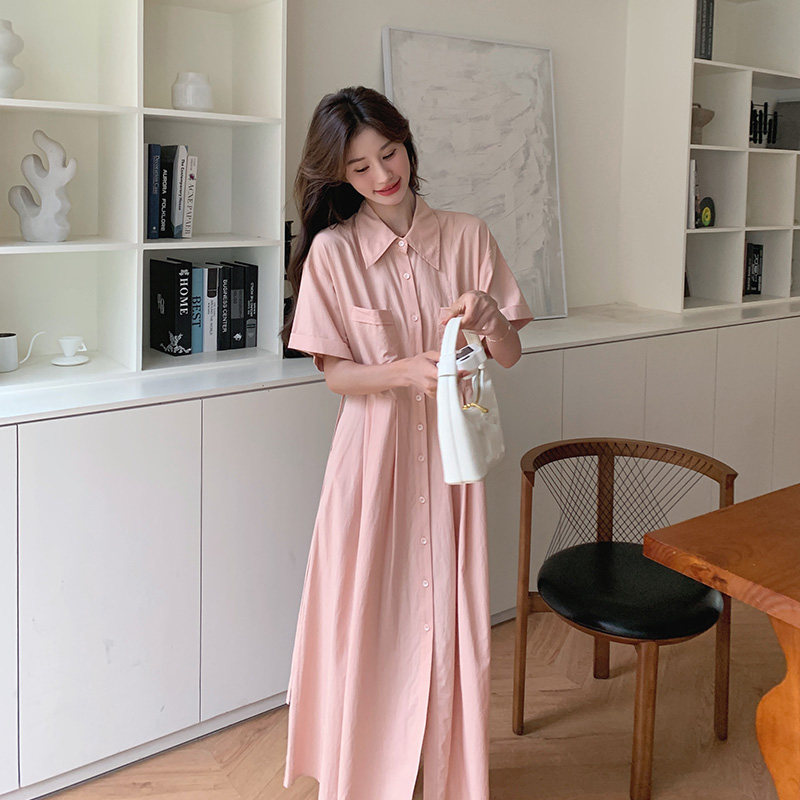 高级感粉色连衣裙女夏2024新款小清新简约韩系衬衫裙中长款爆款,女装连衣裙,浙宝157（原165A）
