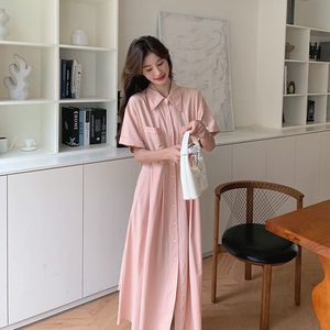 高级感粉色连衣裙女夏2024新款小清新简约韩系衬衫裙中长款爆款图片