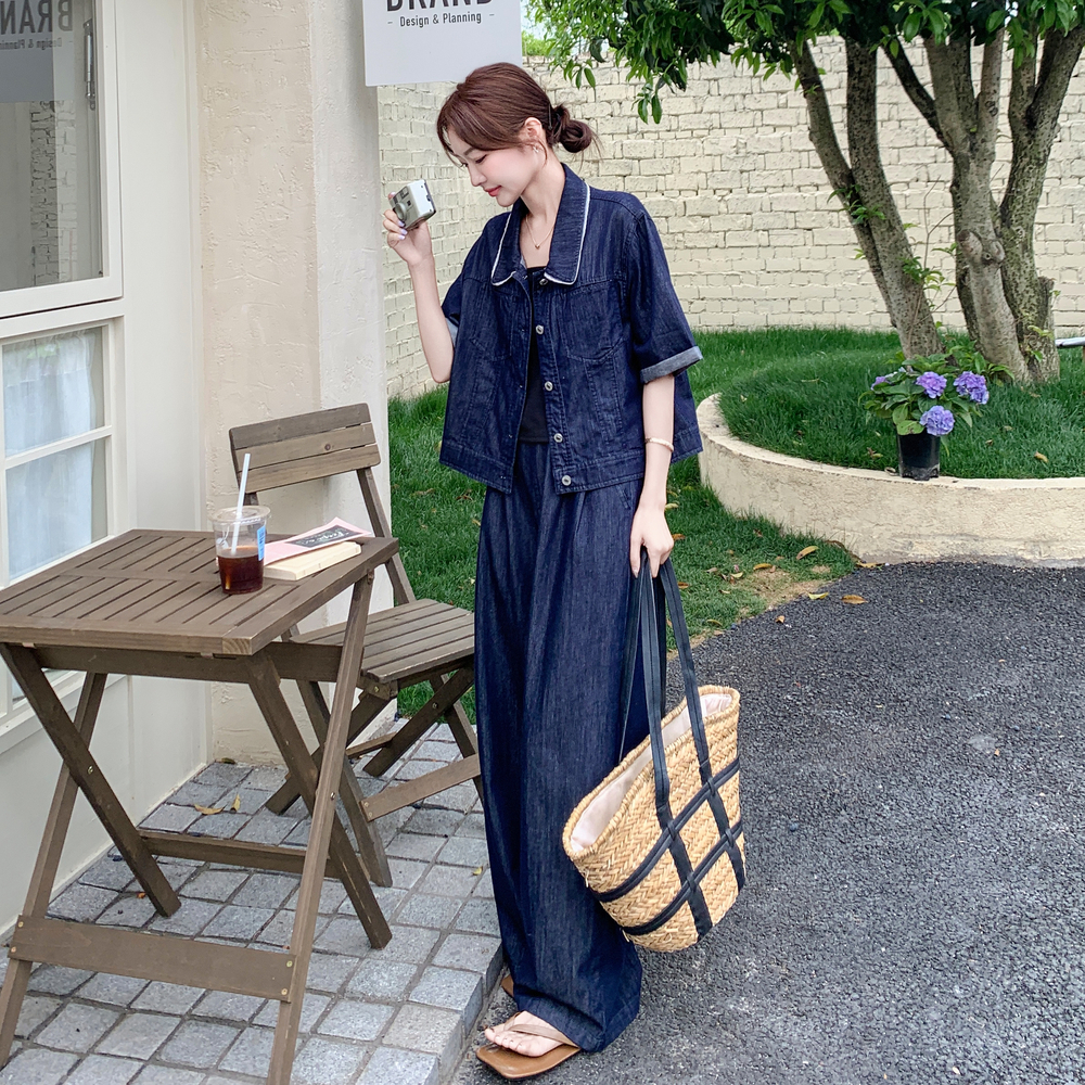 法式复古牛仔衬衫阔腿裤套装女夏季又酷又飒穿搭韩系夏日独特漂亮，商品下架区商品下架区，浙宝157（原165A）