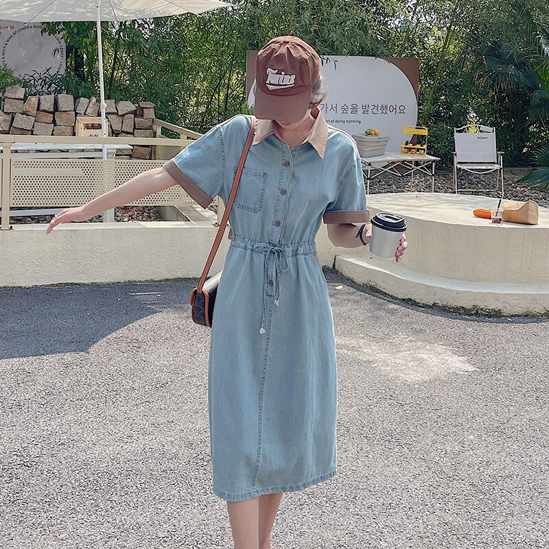 法式撞色牛仔连衣裙女2025夏季新款高级感气质收腰显瘦polo领裙子,女装连衣裙,浙宝157（原165A）