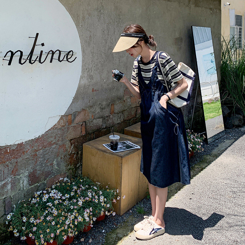 条纹拼接假两件牛仔连衣裙女夏季新款学院风宽松休闲小个子裙子潮，女装连衣裙，浙宝157（原165A）