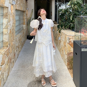夏款新趋势无袖吊带仙女裙2025新款新中式拼接提花衬衫半裙套装图片