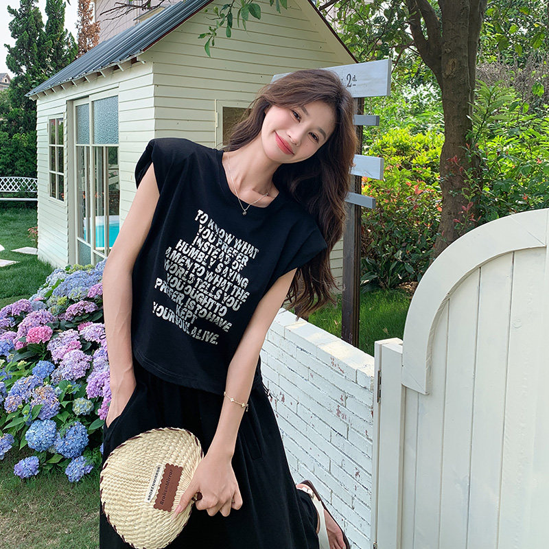 黑色字母印花短袖套装夏女2024新款韩系宽松减龄显瘦半身裙两件套,女装套装/套裙,浙宝157（原165A）