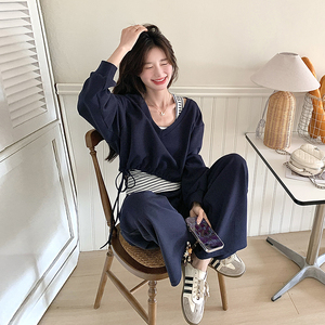 韩系减龄条纹背心卫衣女2025春季新款学院风小个子卫裤