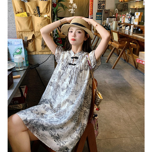 新中式水墨画气质优雅连衣裙女夏季2025新款简约小众禅意显瘦长裙图片