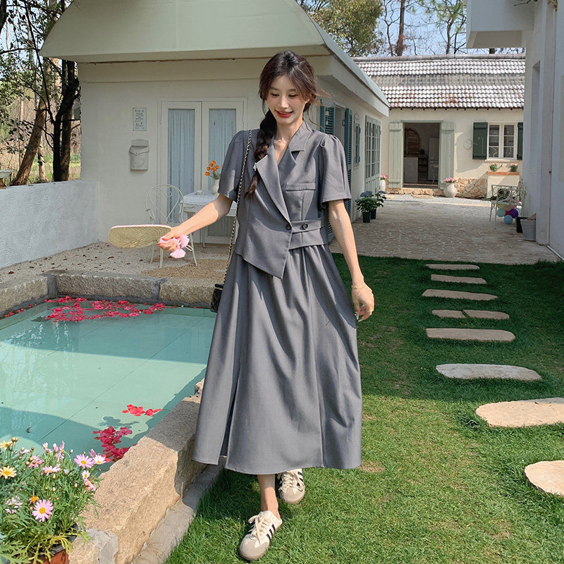 2025夏季新款时尚通勤必备韩版西装裙女百搭收腰下摆开叉设计长裙,女装连衣裙,浙宝157（原165A）