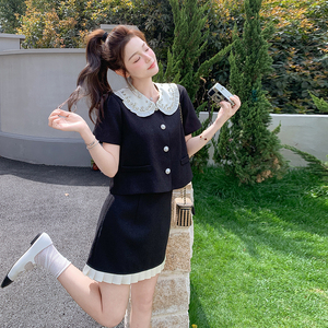 法式小香风娃娃领短袖上衣半身裙套装女高级感半身短裙子夏季新款图片