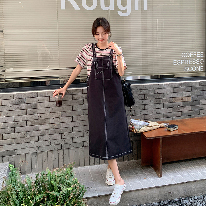 韩系学院风背带裙女夏季2025新款设计感条纹t恤连衣裙,女装连衣裙,浙宝157（原165A）