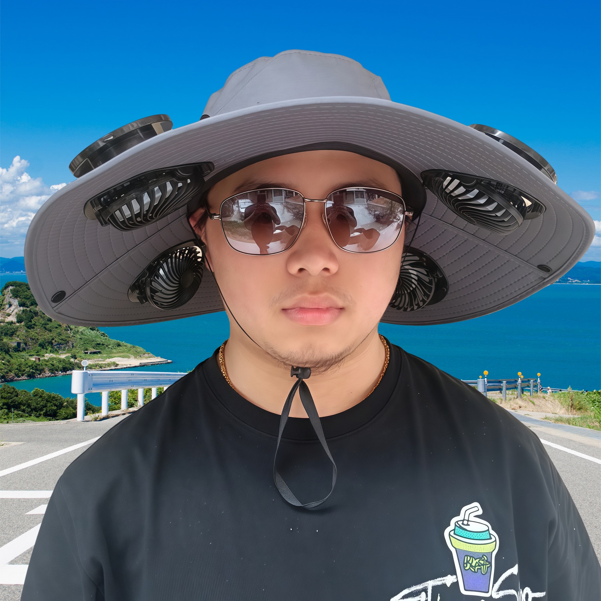 帽子2025正流行太阳能风扇帽一体钓鱼帽男士户外登山帽透气大帽檐